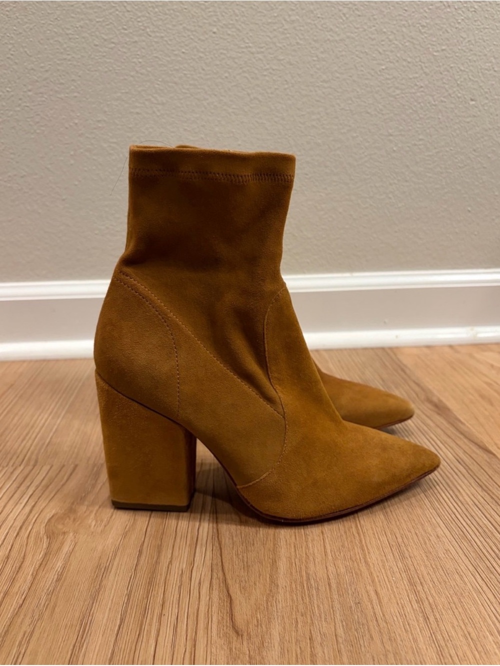 5/$20 Seed Heritage Camel Suede Pointed Sock Boot with Block Heel